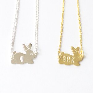 Girl&#39;s Personalized Bunny Necklace, Easter Bunny Necklace, Vintage Rabbit ID Necklace, Brass and Silver Bunny Charm Jewelry