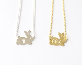 Girl's Vintage Bunny Necklace, Personalized Initial Charm, Easter Gift