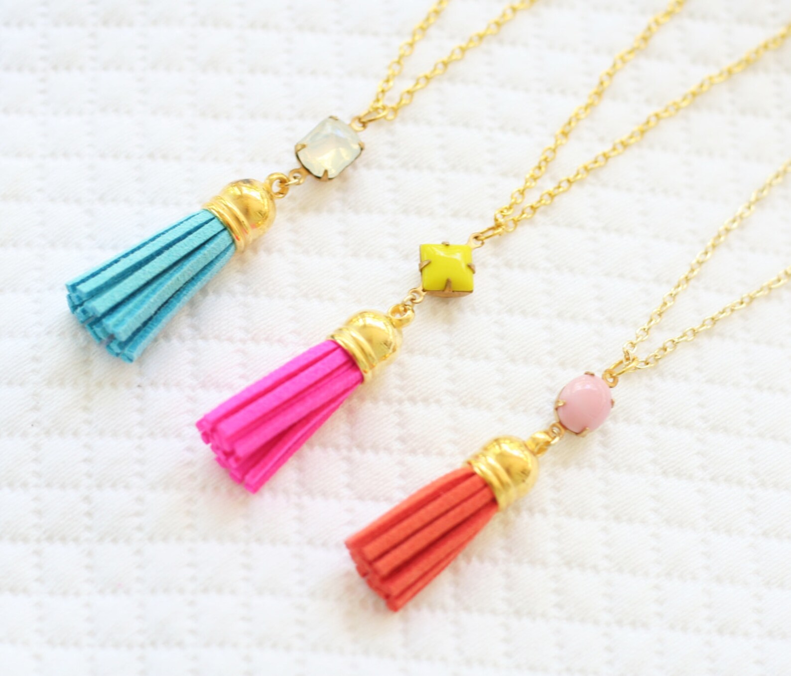 Girls Tassel Necklace, Girls Tassel and Set Stone Necklace, Faux Suede