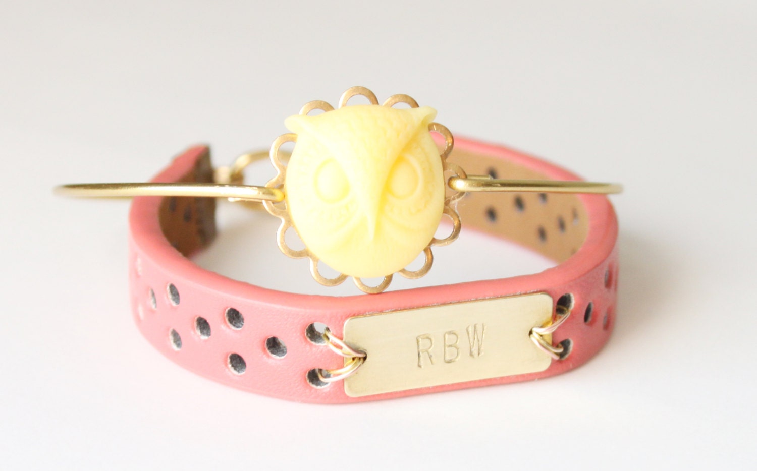 Girls Personalized Pink Leather Bracelet and Owl Bangle Set, Monogrammed Bracelet plus Owl Bangle, C