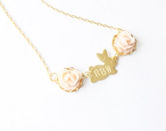 Personalized Brass Bunny Necklace, Pink Rose, Easter Jewelry