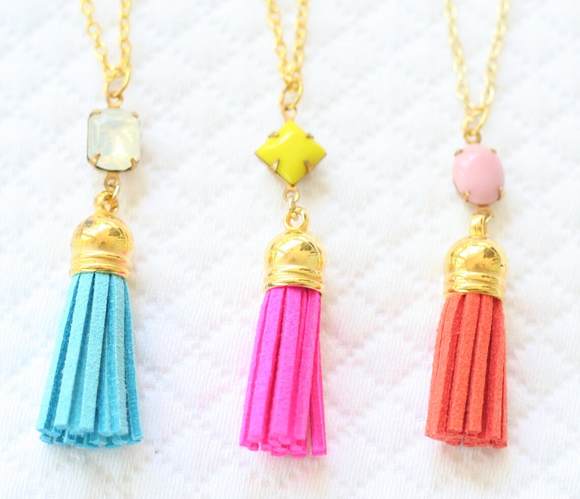 Girls Tassel Necklace, Girls Tassel and Set Stone Necklace, Faux Suede