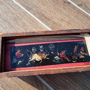 Magic lantern 12 glass hand painted slides in wood box vintage antique unique