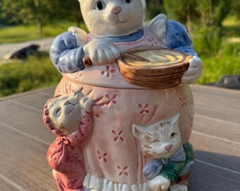 1992 Fitz and Floyd 2 Cats Holding Paws Jar Biscuit Candy or Small