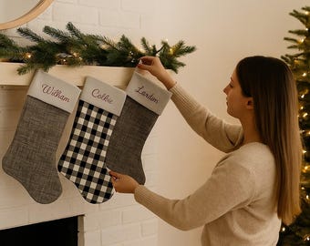 Personalized Embroidered Christmas Stocking: Plaid Farmhouse Style
