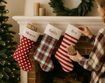 Personalized Plaid Christmas Stocking: Embroidered Family Holiday Decor