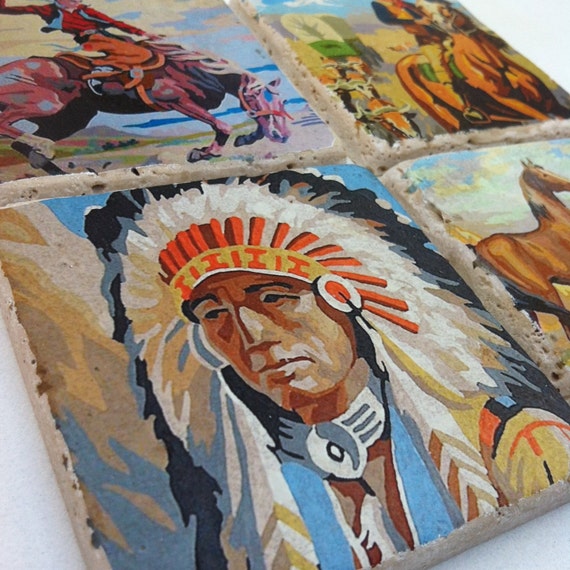 Items similar to Western Paint By Number CoasterSet of 4 Vintage Cowboy