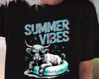 T-shirt Summer Vibes, couleurs confortables, amateur de vaches Highland, chemise vache drôle, tenues de plage, t-shirt d'été, chemise vacances d'été, cadeau pour lui/elle