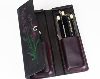 Tooled Leather Pencil Case with Lavender Sprigs