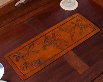 Hummingbird Coffee Table Runner - Hand Engraved Leather