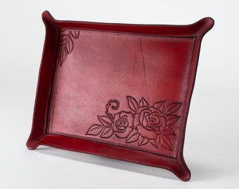 Red Tray with Roses Etching