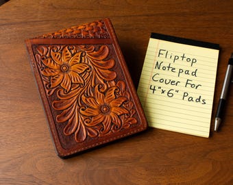4 x 6 Flip Top Notepad Cover - Sheridan Style Carving with Basketweave - Sunburst Finish