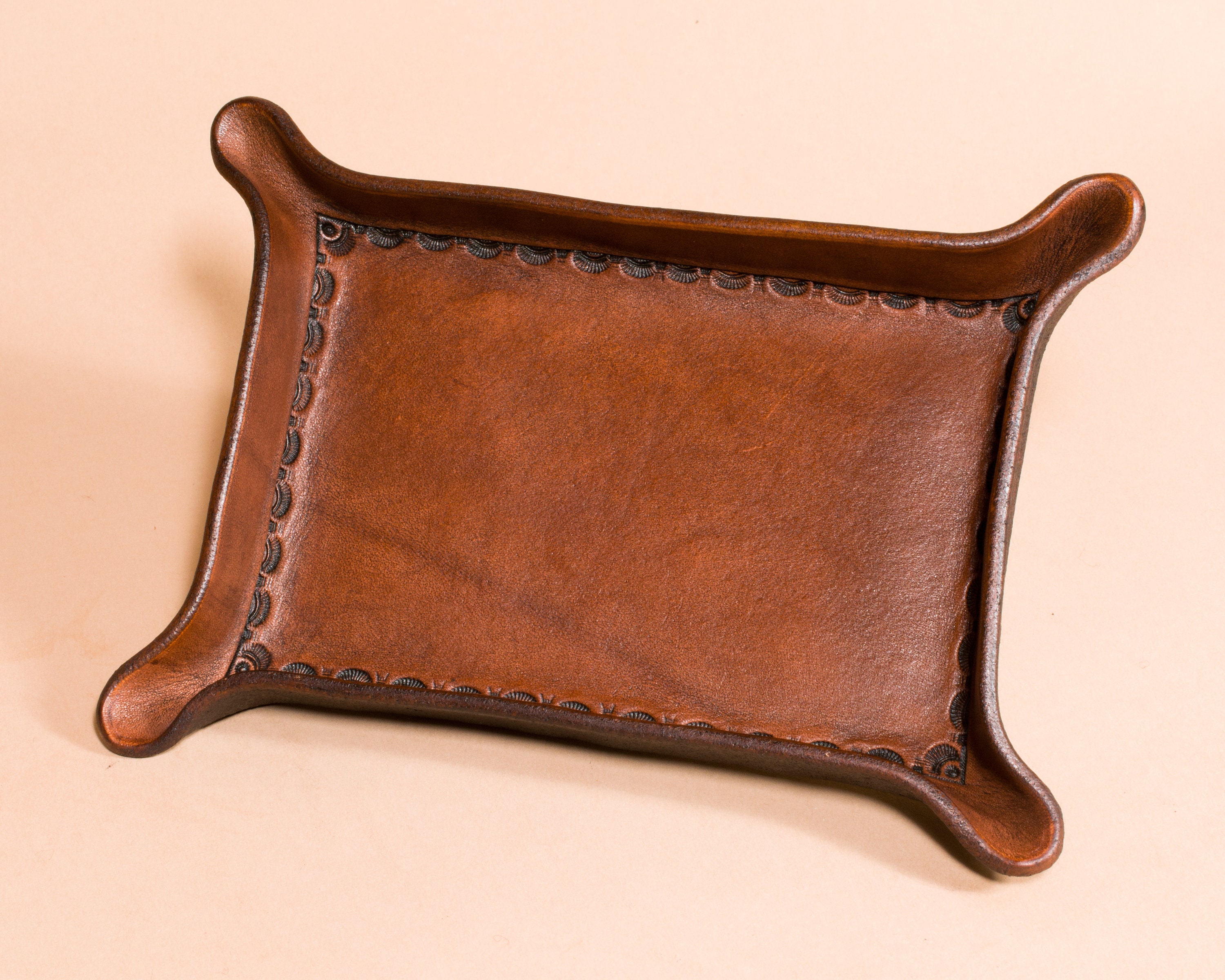 Bordered Leather Valet Tray for Dresser or Desk