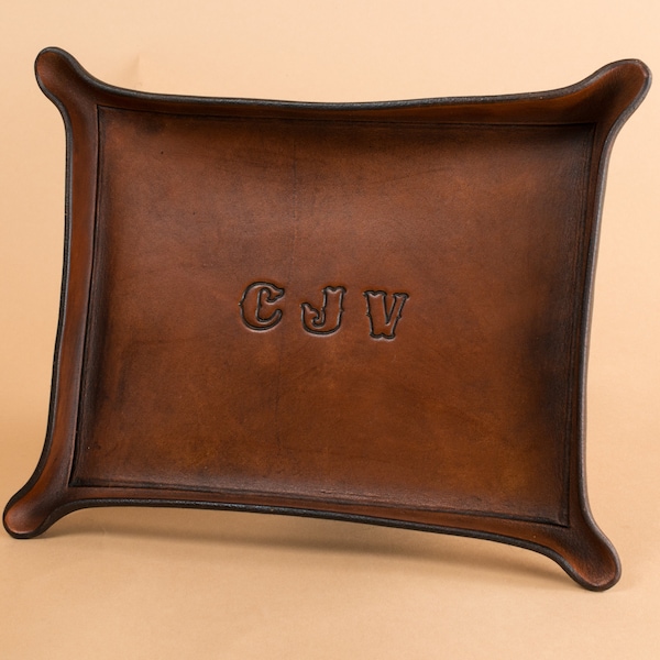 Leather Catchall Tray with Western Style Spurred Initials