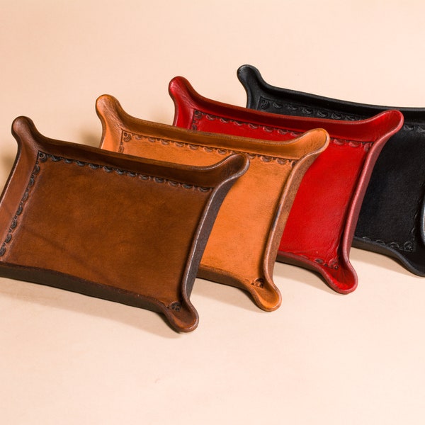 Bordered Leather Valet Tray for Dresser or Desk