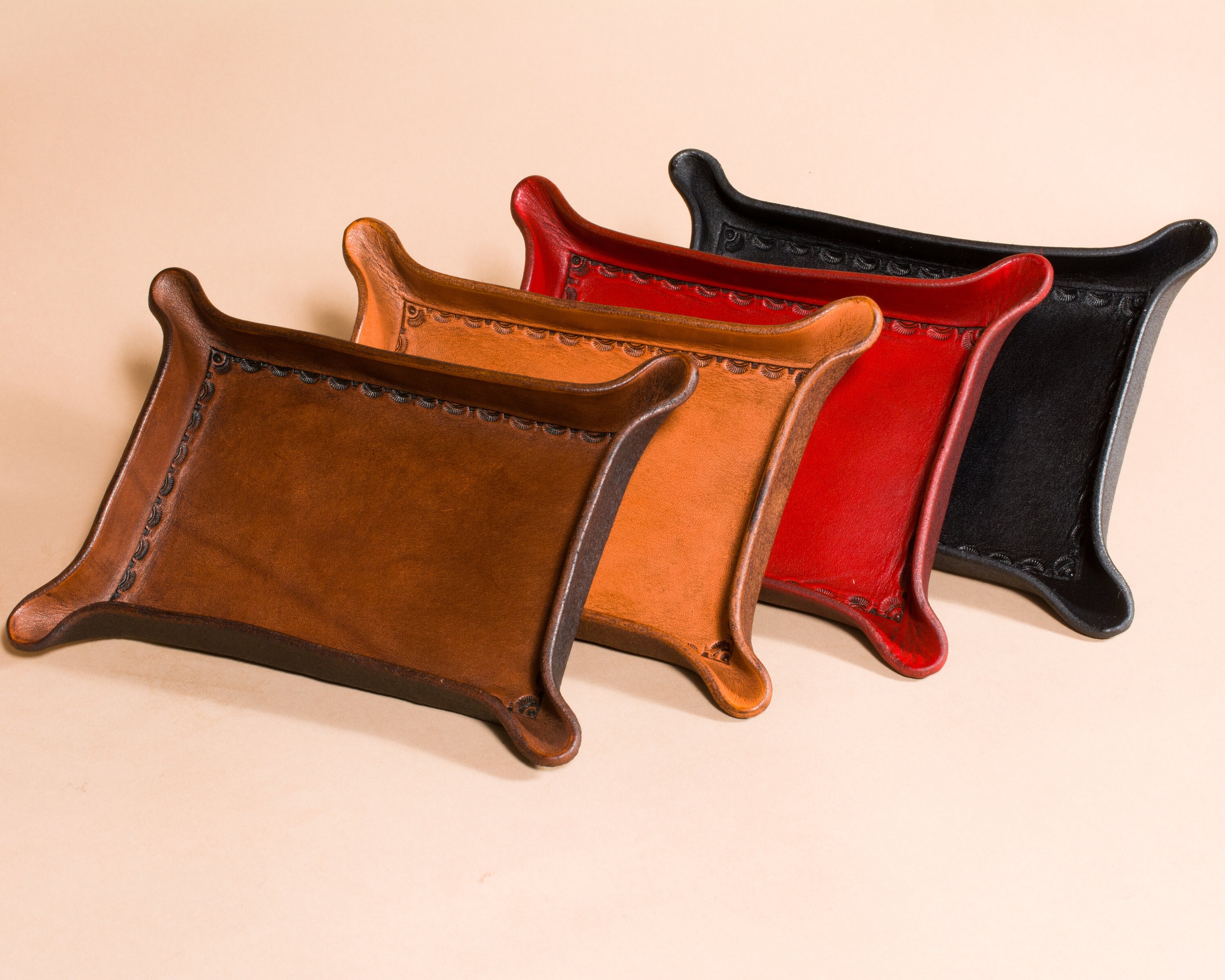 Bordered Leather Valet Tray For Dresser Or Desk