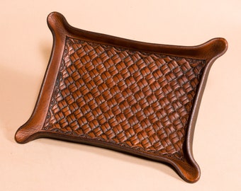 Basketweave Leather Tray - Leather Valet with Tooled Woven Pattern