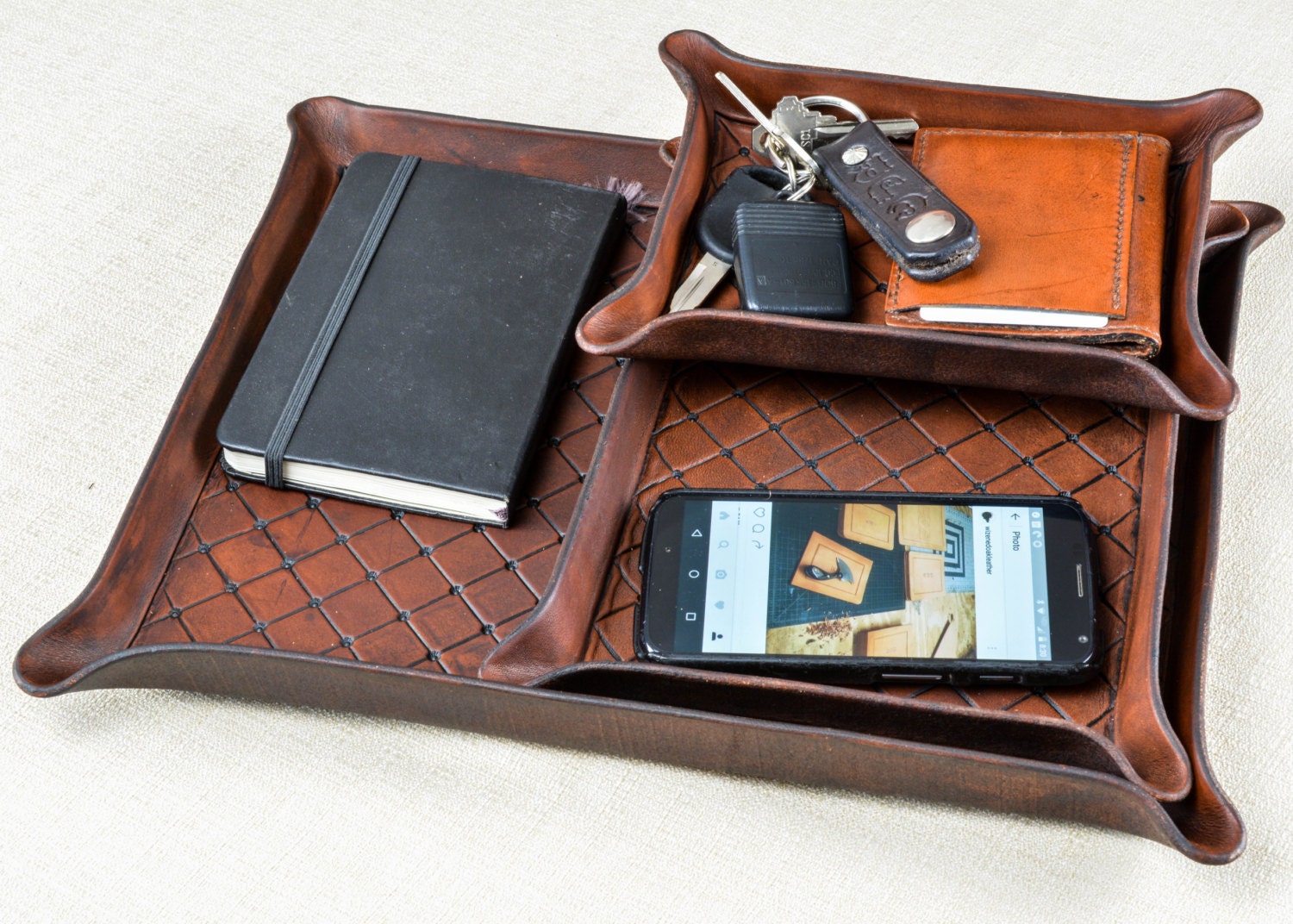 Red Leather Catchall Tray - Pocket Tray - Leather Valet - Full Grain Leather Tray