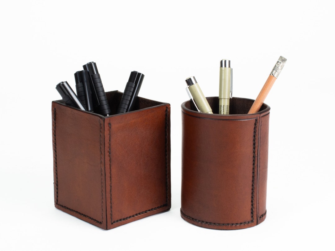 Leather Pencil Organizer Hand Stitched in Square and Round Styles - Etsy