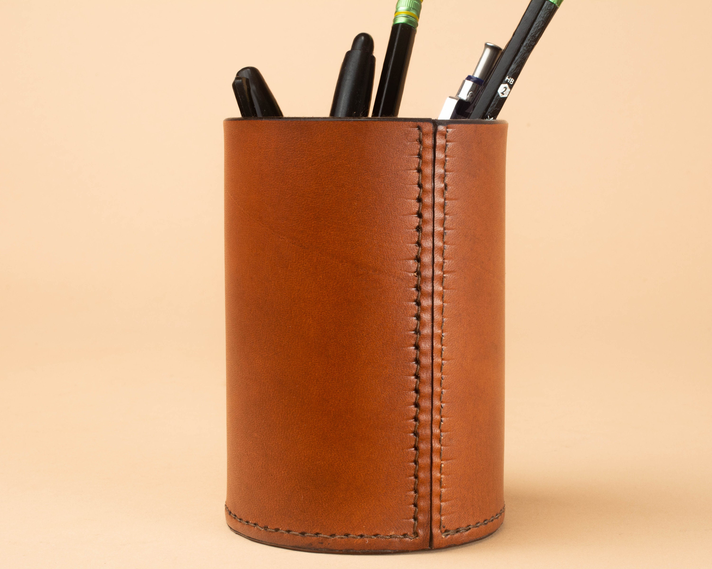 Round Pencil Cup - Hand Stitched Leather