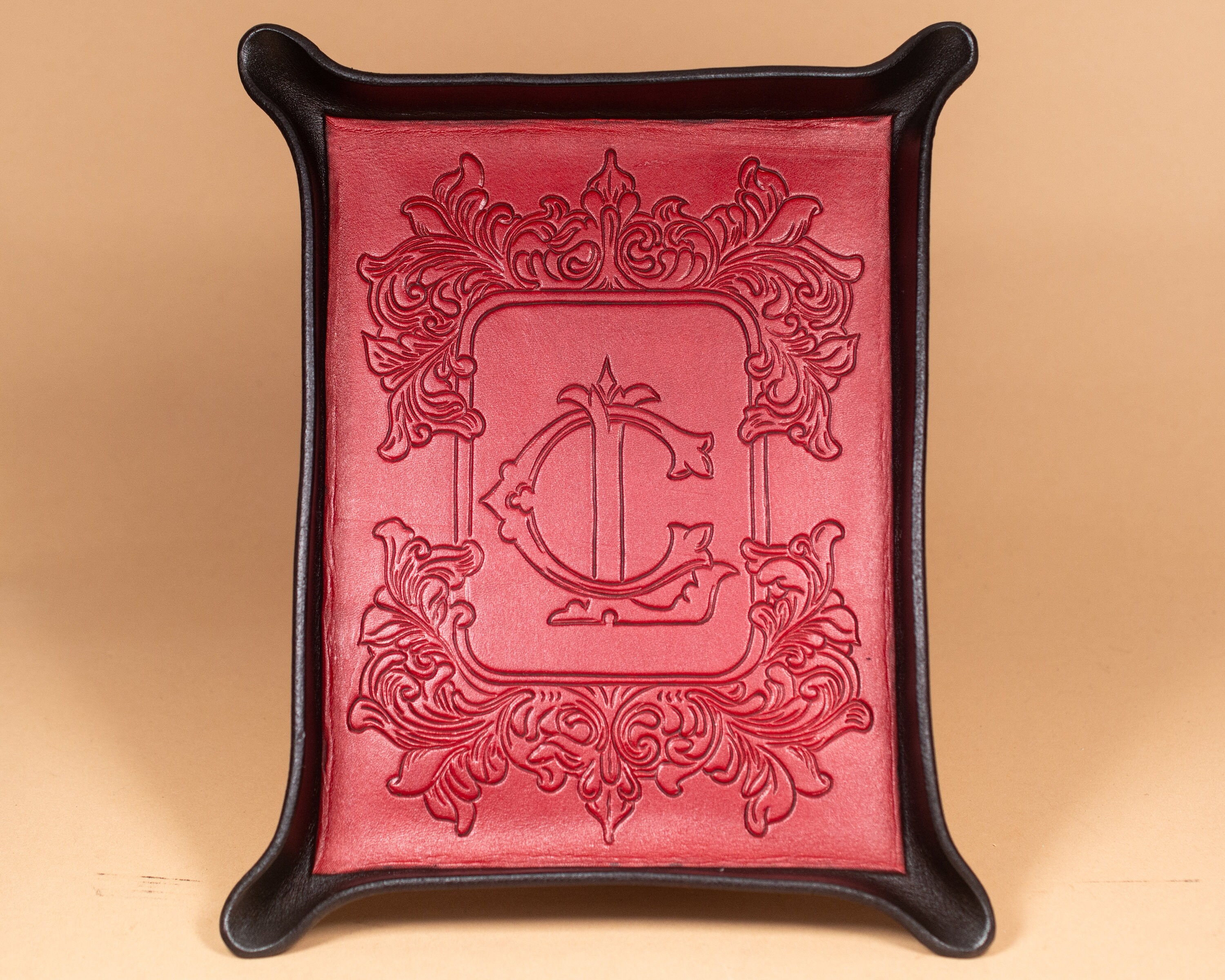 Engraved Leather Tray with Victorian Floral Bordered Monogram