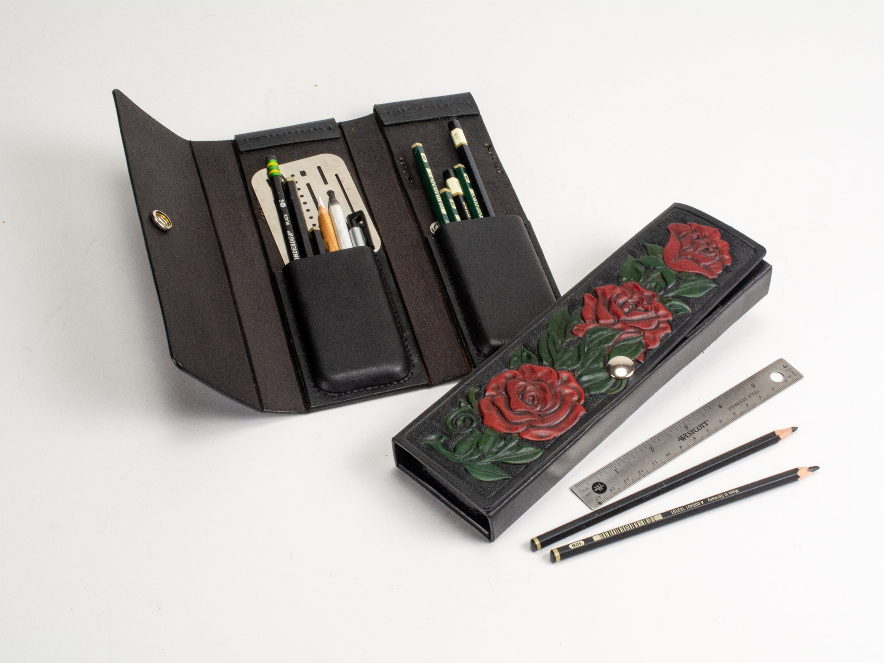 Pencil Case with Roses - Hand Tooled and Brush Dyed Leather