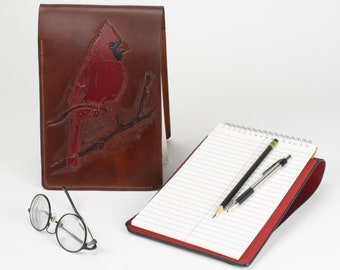 Steno Pad Cover with Cardinal - Hand Engraved and Brush Dyed Leather