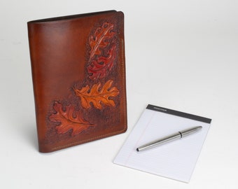 Note Pad Carrier with Autumn Leaves - Hand Engraved and Brush Dyed Leather