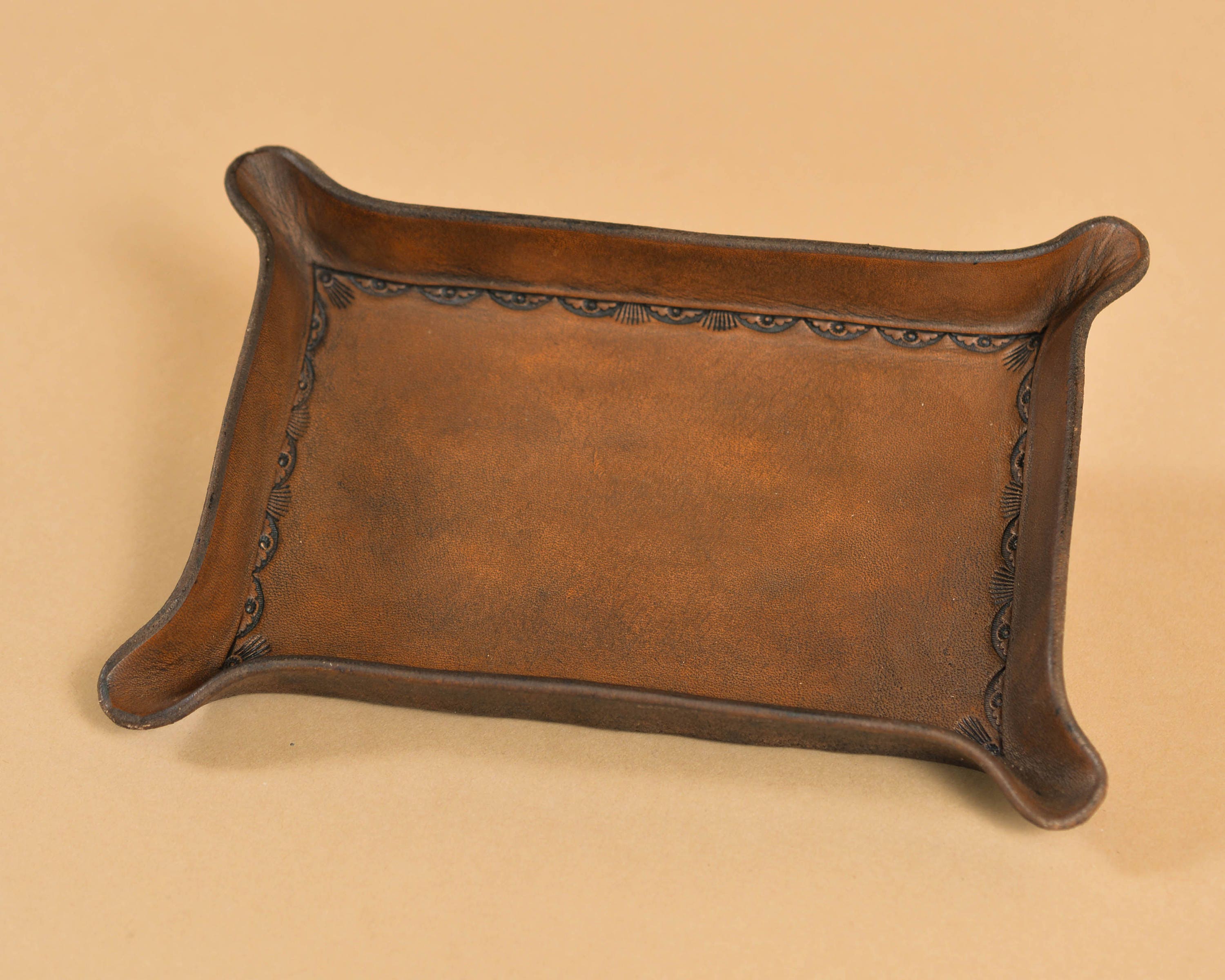 Bordered Leather Valet Tray For Dresser Or Desk Ready To Ship