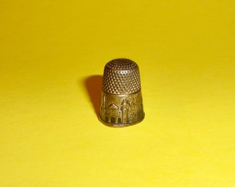 ANTIQUE THIMBLE 1800s Silver Gates Towers Bridge ? Buildings Large Bell Engraved Beatrice Inverted Fleur-de-Lis Sewing European Embossed Old