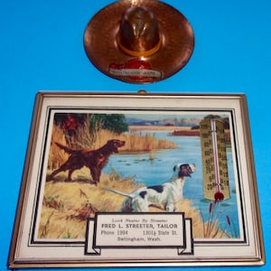 BELLINGHAM WA SOUVENIRS Framed Hy Hintermeister Pointer Dogs Hunting Water Working Thermometer Copper Hat Painted Graphics Personal Ashtray
