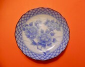PEONY BLUE WHITE Porcelain Plate Small Asian Japanese Imari Takahashi Vintage Textile Floral Design Brown Scalloped Edge Dish Good Fortune
