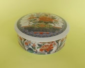 IMARI JEWELRY BOX Trinket Porcelain Marked Green Vase Jardiniere Floral Textile Design Lidded Red Green Blue Vintage Keepsake Box Round Ware