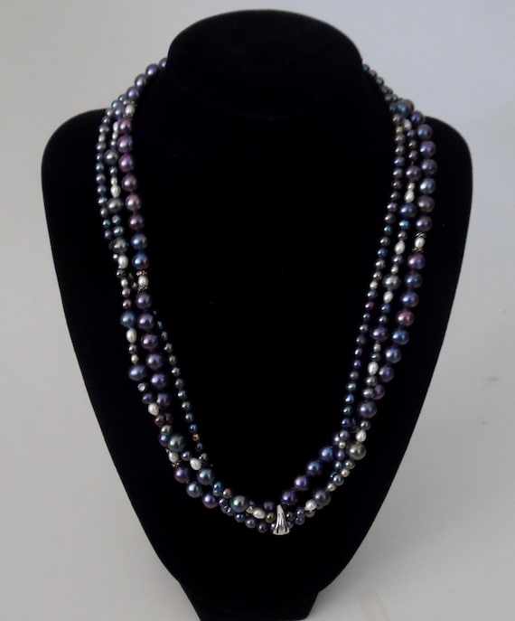 TAHITIAN BLACK PEARLS Necklace Triple Tri Strand … - image 1