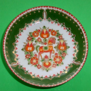 STEINBOCK EMAIL AUSTRIA Enameled Metal Dish Bowl Handmade Horse Floral Gilt Green Orange White Hand Painted Vintage Trinket Decor Austrian
