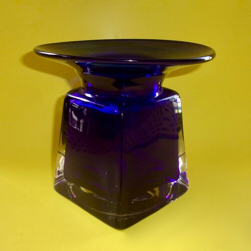 ENCASED COBALT VASE Hand Blown Vintage Antique Square Body Round shops Wide Rim Pontil Bubbles Heavyweight Clear Blue Glass Art 4 Sided Round Rim