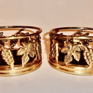 BRASS WINE COASTERS Vineyard Grapevine Motif Design Solid Brass Filigree Open Work Pair Two India Heavyweight Vintage Formal Casual Dining