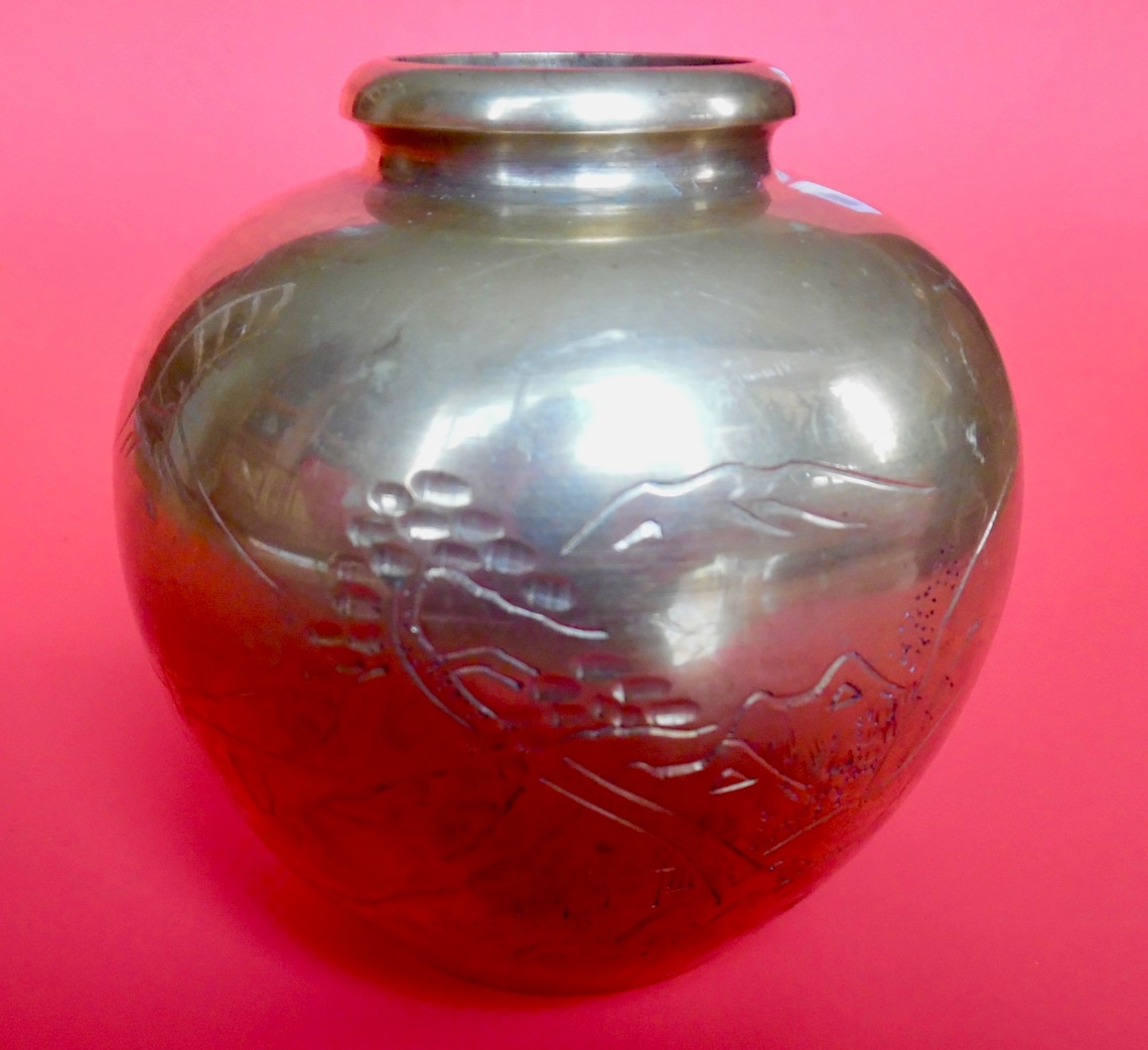 JAPANESE BRASS VASE Solid Engraved Scene Landscape Mountains Etsy