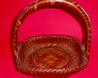 IKEBANA BASKET JAPANESE Vintage Hand Woven Bamboo Flower Floral Arranging Japan Dual Wrapped Handle Basketry Kadō Japan Curved Overlap Weave
