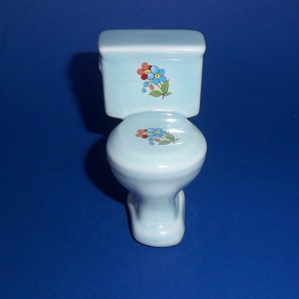 MINIATURE PORCELAIN TOILET Toilette Commode El Inodoro Gabinetto Vintage Light Blue Floral Motif Lavatory Doll House Decor Hand Painted