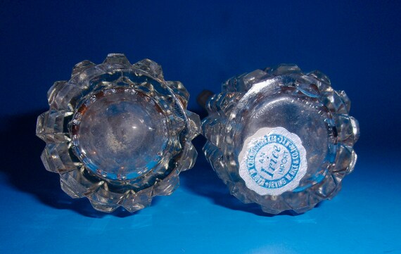 CZECHOSLOVAKIA PERFUME BOTTLES Lot Two 2 Tall Floral Motif Stoppers Clear Frosted Iris Import Dauber Stop Cut Glass Crystal Made In View 3