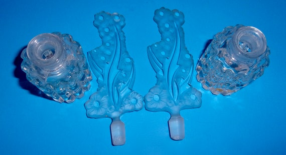 CZECHOSLOVAKIA PERFUME BOTTLES Lot Two 2 Tall Floral Motif Stoppers Clear Frosted Iris Import Dauber Stop Cut Glass Crystal Made In View 6