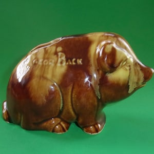 May include: A brown and tan ceramic piggy bank with the words "Geo. Back" on the side.