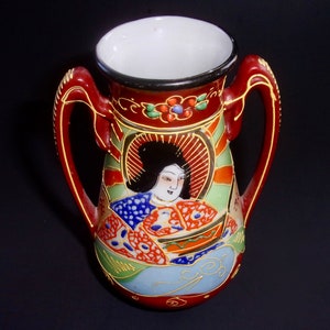 KUTANI MORIAGE VASE Vintage Made in Japan Red Rectangle Two Handled Raised Enamel Colorful Japanese Goddess Gold Halo Asian Porcelain