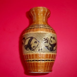 BAMBOO PANDA VASE Porcelain Interior Basket Weave Covered Signed Dated Asian Characters Vintage Chinese Small Hand Woven Design Bears