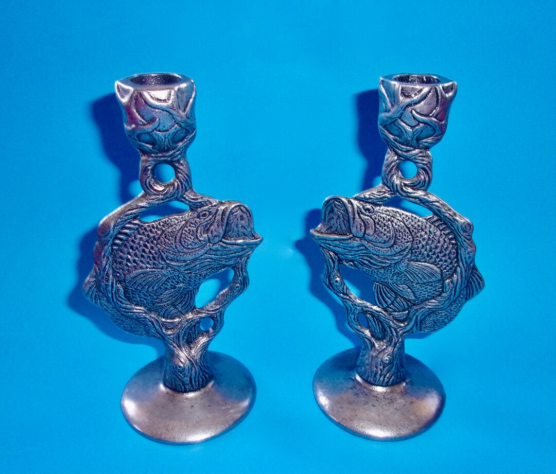 PEWTER FISH CANDLESTICKS Koi Trout Pair Vintage Detailed Open Mouth