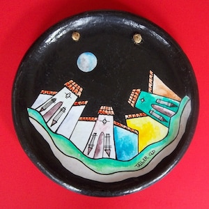 VINTAGE MEXICAN PLATE Signed Taller gd Heavy Hand Painted Terracotta Mexico Village Tile Roofs Black Colorful Night Moon Clay Pottery Heavy