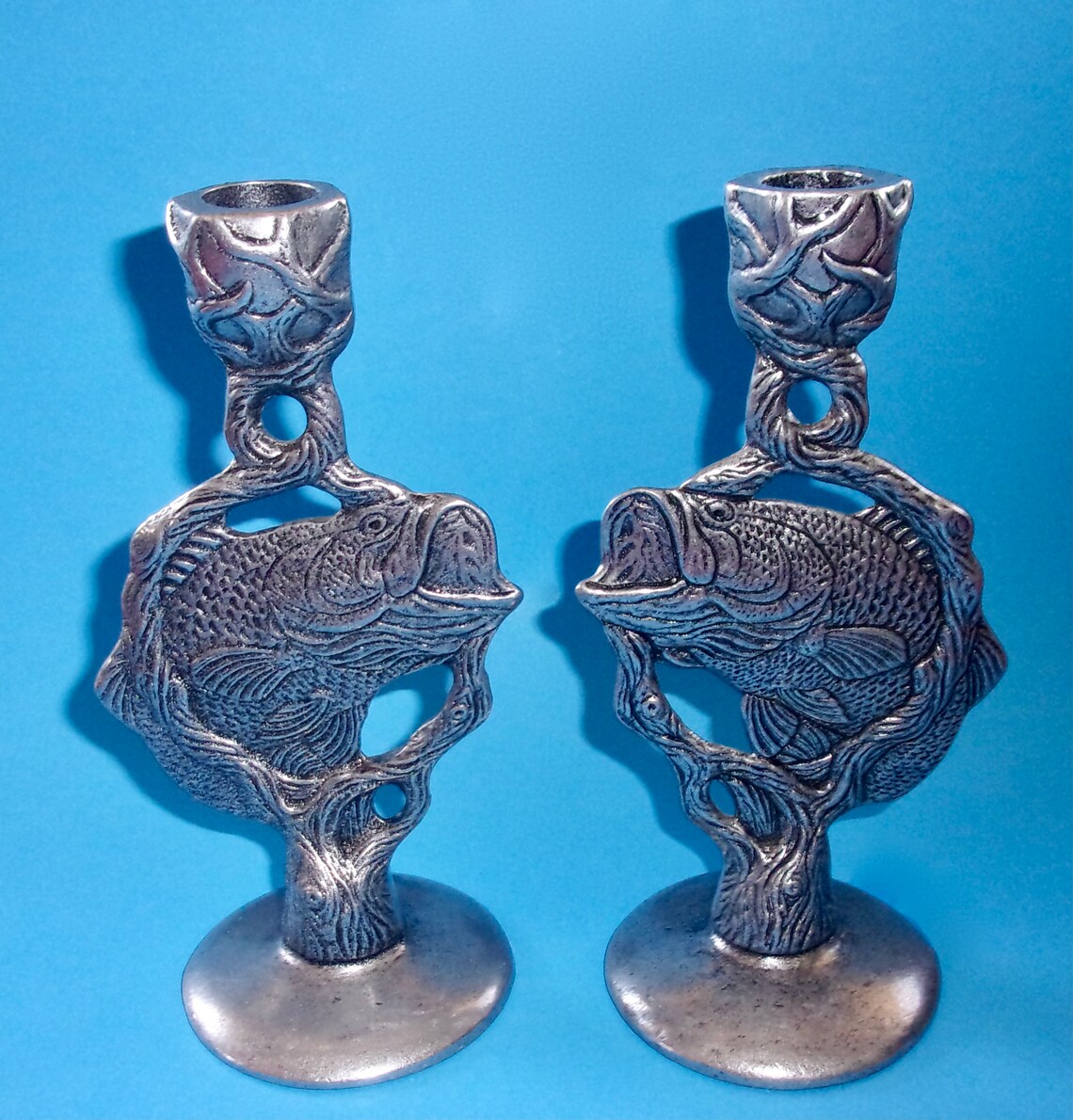 PEWTER FISH CANDLESTICKS Koi Trout Pair Vintage Detailed Open Etsy