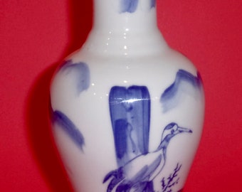 BLUE WHITE CRANES Vase Porcelain Long Neck Baluster Vintage Antique Handmade Unmarked Chinese Character Design Power Strength Longevity