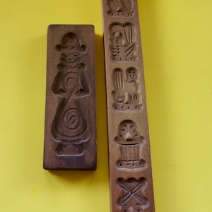 SPRINGERLE COOKIE MOLDS Set of Two Vintage Antique Carved Wood Six 6 Assorted Shapes Hanger Speculaas Cookies Traditional Dutch Folk Art